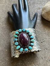 Load image into Gallery viewer, Native American Sterling Silver Turquoise Purple Spiny Oyster Cuff Bracelet. CY