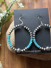 Load image into Gallery viewer, Sterling Silver Blue Turquoise Bead W Pearls Loop Hoop Earrings.