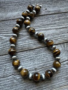 Sterling Silver Tiger’s Eye W Pearls Bead Necklace. 18 inch. Gift