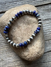 Load image into Gallery viewer, Lapis 6mm 7 Inch Stretch Sterling Silver Pearls Bead Bracelet