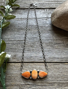 Native American Sterling Silver Orange Spiny Oyster Bar Chain Necklace 16 inch