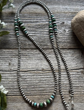 Load image into Gallery viewer, Long Sterling Silver Graduated Blue Green Turquoise Bead Necklace. 40 inch