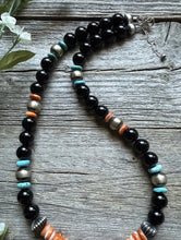 Load image into Gallery viewer, Sterling Silver Black Onyx Multi Stone Turquoise Spiny Bead Necklace 18 Inch