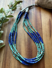 Load image into Gallery viewer, Sterling Silver Heishi Multi Strand Stone Lapis Turquoise Bead Necklace. 24 inch