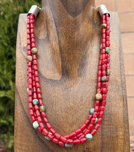Load image into Gallery viewer, Sterling Silver Multi Strand Red Coral Turquoise Nuggets Bead Necklace 22 Inch
