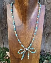 Load image into Gallery viewer, Bow Blue Green Turquoise Sterling Silver Pearls Bead Necklace. 18 Inch. Gift