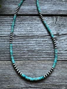 Southwestern Sterling Silver 4mm Blue Turquoise W Pearls Bead Necklace. 18 inch