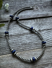 Load image into Gallery viewer, Southwestern Sterling Silver Lapis 4mm Pearls Bead Necklace. 18 Inch. Gift