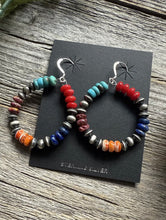 Load image into Gallery viewer, Southwestern 925 Sterling Silver Multi Stone Pearls Hoop Earrings.