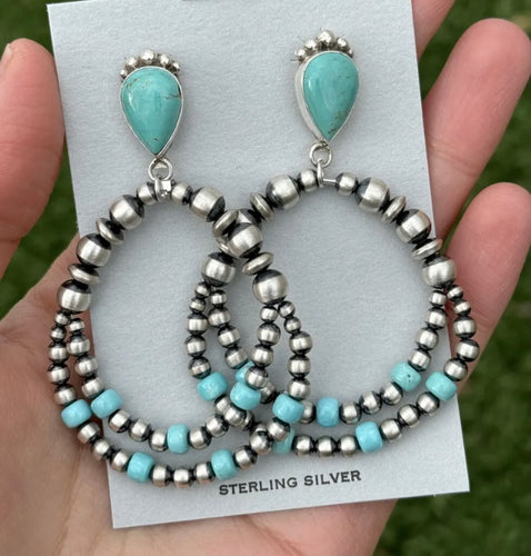 Navajo 925 Sterling Silver Turquoise Pearl Double Loop Earrings. 2.75 Inch AP