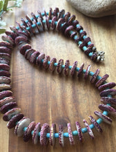 Load image into Gallery viewer, Sterling Silver Graduated Purple Spiny Oyster Turquoise Pearls Bead Necklace 34”