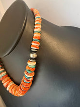 Load image into Gallery viewer, Sterling silver orange spiny oyster turquoise necklace 18 inch