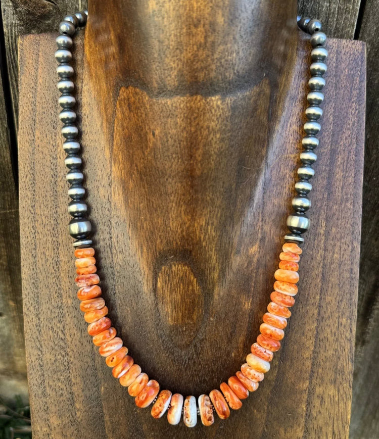 Sterling Silver Orange Spiny Oyster W Pearls Bead Necklace 18 inch