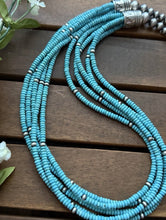 Load image into Gallery viewer, Sterling Silver Multi Strand Blue Turquoise Bead Necklace. 24 inch. Gift