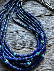 Sterling Silver Multi Strand Stone Lapis Turquoise Bead Necklace. 30 inch