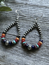 Load image into Gallery viewer, Southwestern Sterling Silver Multi Stone 4mm Pearls Bead Loop Dangle Earrings 3”