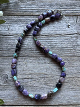Load image into Gallery viewer, Sterling Silver Charoite Turquoise Bead Necklace. 18 Inch