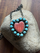 Load image into Gallery viewer, Navajo Sterling Silver Spiny Oyster Heart Turquoise Cluster Chain Necklace CY