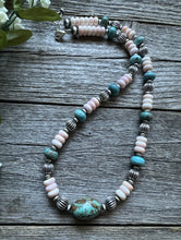 Load image into Gallery viewer, Sterling Silver Pink Conch Turquoise Corrugated Bead Necklace 18 Inch