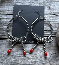 Load image into Gallery viewer, Sterling Silver Bow Red Coral Pearls Hoop Bead Earrings 3.5 Inch