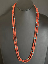 Load image into Gallery viewer, Native American Sterling Silver Multi Strand Coral Turquoise Bead Necklace 30”