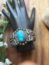 Load image into Gallery viewer, Rick Werito Sonoran Rose Turquoise Sterling Silver Stamped Cuff Bracelet. Navajo