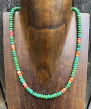 Load image into Gallery viewer, Sterling Silver Green Turquoise Orange Spiny Oyster Bead Necklace. 18 inch