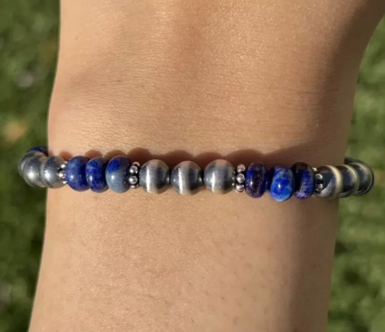 Lapis 6mm 7 Inch Stretch Sterling Silver Pearls Bead Bracelet