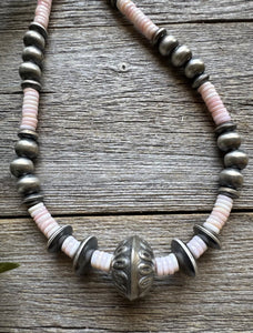 Southwestern Sterling Silver Pink Conch Bead Necklace. 22 Inch