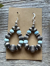 Load image into Gallery viewer, Sterling Silver Blue Larimar W Pearls Bead Loop Corrugated Earrings. 2.4 Inch