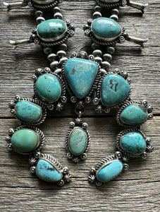 Navajo Sterling Silver Blue Turquoise Squash Blossom Pearls Necklace. K Yazzie