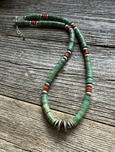 Load image into Gallery viewer, Mens Sterling Silver Green Turquoise Heishi Spiny Bead Necklace. 18 inch