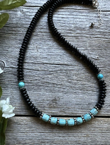 Southwestern 925 Sterling Silver Black Onyx Turquoise Bead Necklace 18 Inch