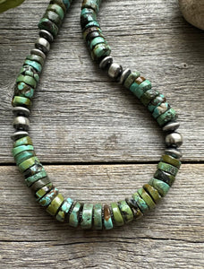 Southwestern 925 Sterling Silver Green Turquoise Heishi Bead Necklace. 20 inch