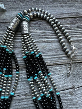 Load image into Gallery viewer, Sterling Silver Multi Strand Black Onyx with Turquoise Bead Necklace. 30 Inch