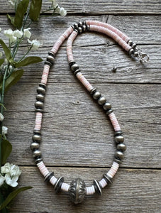 Southwestern Sterling Silver Pink Conch Bead Necklace. 22 Inch