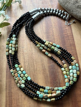 Load image into Gallery viewer, Sterling Silver Multi Strand Black Onyx Turquoise Nuggets Bead Necklace. 24 Inch
