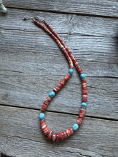 Load image into Gallery viewer, Heishi Sterling Silver Sleeping Beauty Turquoise Spiny Oyster Bead Necklace 18”