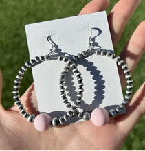Load image into Gallery viewer, Pink Conch Sterling Silver Pearls Bead Hoop Earrings. 2.5 Inch