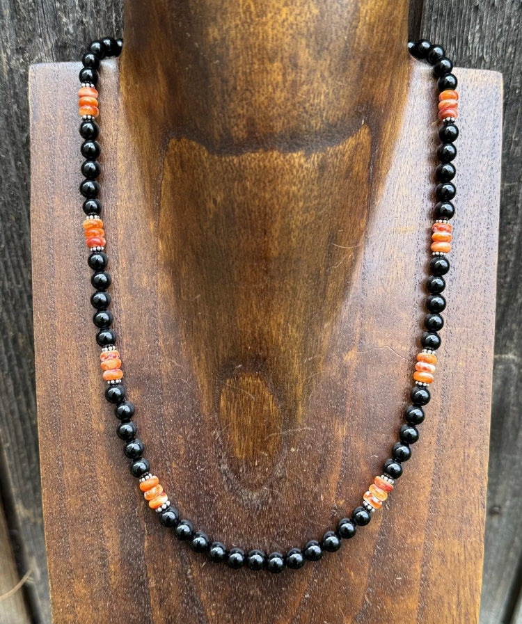Sterling Silver Black Onyx Orange Spiny Oyster Bead Necklace. 18 Inch Gift