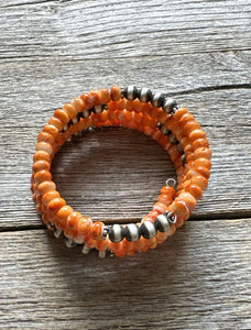 Sterling Silver Orange Spiny Oyster Pearls Bead Wrap Spiral Bracelet Free Size