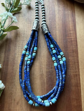 Load image into Gallery viewer, Sterling Silver Multi Strand Heishi Lapis Turquoise Pearls Bead Necklace 18 inch