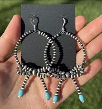 Load image into Gallery viewer, Sterling Silver Bow Blue Turquoise Pearls Hoop Bead Earrings 3.5 Inch