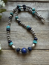 Load image into Gallery viewer, Southwestern Sterling Silver Blue Lapis Turquoise Pearls Bead Necklace 22 inch