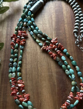 Load image into Gallery viewer, Sterling Silver Multi Strand Blue Green Turquoise Spiny Oyster Bead Necklace 30”
