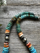 Load image into Gallery viewer, Sterling Silver Graduated Blue Green Turquoise Spiny Bead Necklace. 18 inch