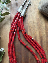 Load image into Gallery viewer, Sterling Silver Multi Strand Red Coral Pearls Bead Necklace 22 Inch