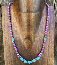 Load image into Gallery viewer, Southwestern 925 Sterling Silver Dyed Sugilite W Turquoise Bead Necklace 18 inch