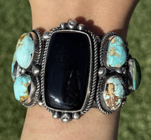 Load image into Gallery viewer, Navajo Native Sterling Silver Black Onyx Royston Turquoise Cuff Bracelet RY