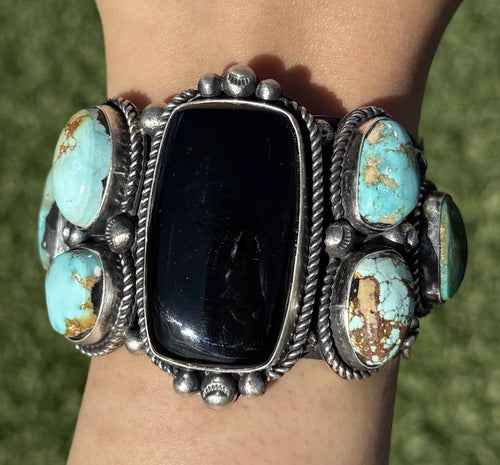 Navajo Native Sterling Silver Black Onyx Royston Turquoise Cuff Bracelet RY